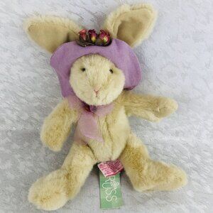 Russ Berrie Bonnet Bunny Plush 13” Cream with Flowers on Lavender Hat & Bow NWT